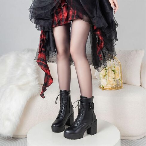 FOREADA Goth Platform Heel Combat Boots Women Pearl Lace Victorian Booties | Features edgy gothic punk rave emo rock grunge cosplay styling designed with thick heel, buckle, pearls ,lace up and zipper in Saudi Arabia