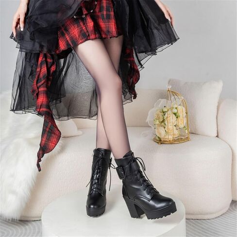 FOREADA Goth Platform Heel Combat Boots Women Pearl Lace Victorian Booties | Features edgy gothic punk rave emo rock grunge cosplay styling designed with thick heel, buckle, pearls ,lace up and zipper in Saudi Arabia