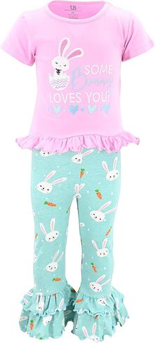 طقم ملابس بناتي مكون من قطعتين من السراويل الضيقة ذات الكشكشة المزدوجة مع قميص قصير الأكمام للأطفال والرضع in Kuwait