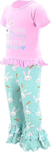 طقم ملابس بناتي مكون من قطعتين من السراويل الضيقة ذات الكشكشة المزدوجة مع قميص قصير الأكمام للأطفال والرضع in Kuwait