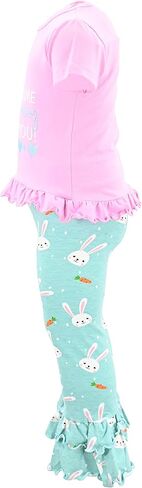 طقم ملابس بناتي مكون من قطعتين من السراويل الضيقة ذات الكشكشة المزدوجة مع قميص قصير الأكمام للأطفال والرضع in Kuwait