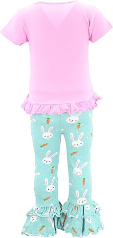 طقم ملابس بناتي مكون من قطعتين من السراويل الضيقة ذات الكشكشة المزدوجة مع قميص قصير الأكمام للأطفال والرضع in Kuwait