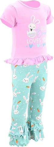 طقم ملابس بناتي مكون من قطعتين من السراويل الضيقة ذات الكشكشة المزدوجة مع قميص قصير الأكمام للأطفال والرضع in Kuwait