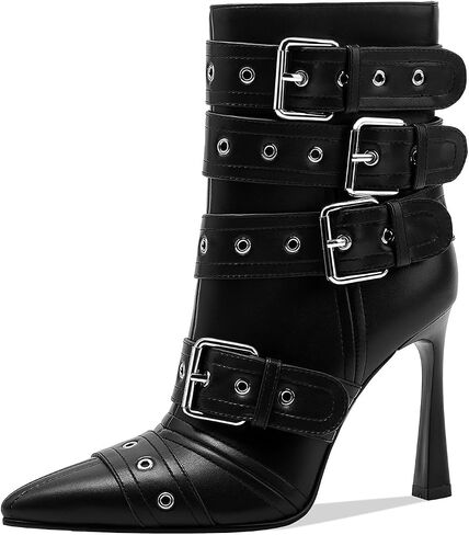 GOSERCE Black White Knee High Boots for Women Sexy Pointed Toe Buckle Rivets Tall Stiletto Boot Fashion Trendy High Heel Long Boots Zipper Ladies Patent Leather Black White Shoes Fall Winter in Saudi Arabia