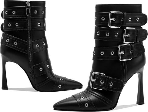 GOSERCE Black White Knee High Boots for Women Sexy Pointed Toe Buckle Rivets Tall Stiletto Boot Fashion Trendy High Heel Long Boots Zipper Ladies Patent Leather Black White Shoes Fall Winter in Saudi Arabia