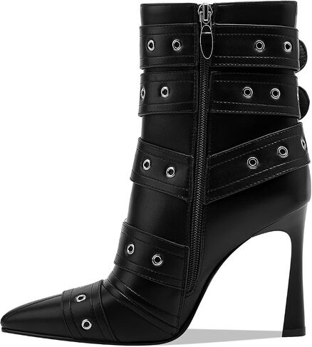 GOSERCE Black White Knee High Boots for Women Sexy Pointed Toe Buckle Rivets Tall Stiletto Boot Fashion Trendy High Heel Long Boots Zipper Ladies Patent Leather Black White Shoes Fall Winter in Saudi Arabia