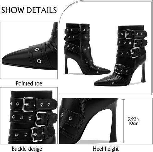 GOSERCE Black White Knee High Boots for Women Sexy Pointed Toe Buckle Rivets Tall Stiletto Boot Fashion Trendy High Heel Long Boots Zipper Ladies Patent Leather Black White Shoes Fall Winter in Saudi Arabia