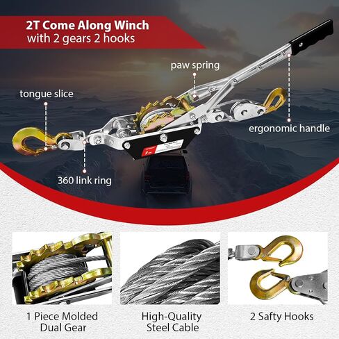 Come Along Winch 1 T Pulling Capacity 7 FT Steel Cable 2 Hooks Heavy Duty Ratchet Power Puller Tool with Dual Gears Automotive Hoist Cable Puller Ideal for Vehicle Rescue. in Saudi Arabia
