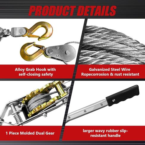 Come Along Winch 1 T Pulling Capacity 7 FT Steel Cable 2 Hooks Heavy Duty Ratchet Power Puller Tool with Dual Gears Automotive Hoist Cable Puller Ideal for Vehicle Rescue. in Saudi Arabia