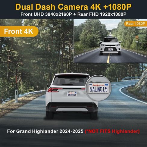 Fitcamx Front 4K+Rear 1080P Dash Cam Adapts for Toyota Grand Highlander 2024-2026 Hybrid (HD2-0E130), OEM Factory Look, Dual HD Video, WiFi & APP, Loop Recording, G-Sensor, Easy to Set, 128GB Card in Kuwait