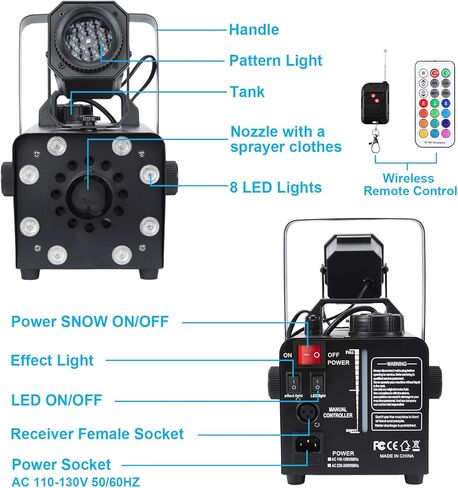 ماكينة ثلج 800 واط من هاكوتا مع 8 مصابيح LED RGB و13 لون اضاءة LED و2 جهاز تحكم عن بعد، مثالية للكريسماس والهالوين وعيد الحب والزفاف والحفلات ومسرح دي جيه in Kuwait
