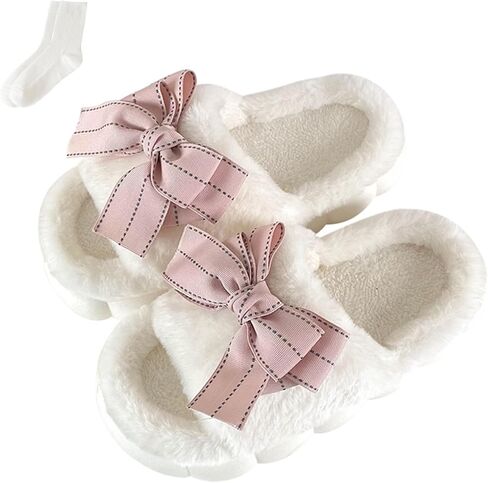 Bow Slippers, Womens Plush Fluffy Winter Warm Fur Lined slippers, Slip On House Slippers in Saudi Arabia