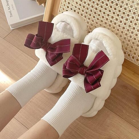 Bow Slippers, Womens Plush Fluffy Winter Warm Fur Lined slippers, Slip On House Slippers in Saudi Arabia