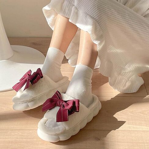 Bow Slippers, Womens Plush Fluffy Winter Warm Fur Lined slippers, Slip On House Slippers in Saudi Arabia