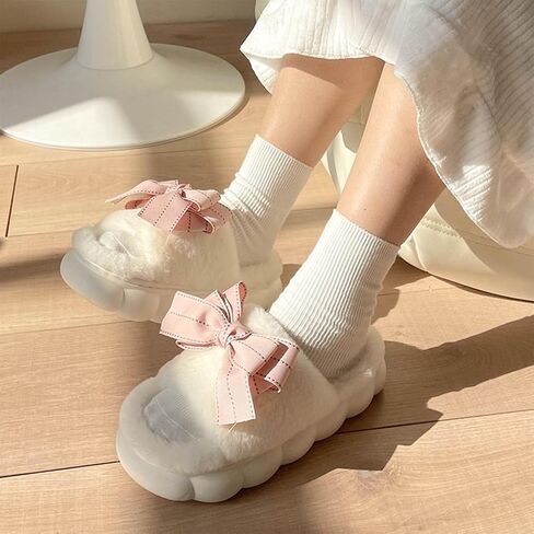 Bow Slippers, Womens Plush Fluffy Winter Warm Fur Lined slippers, Slip On House Slippers in Saudi Arabia