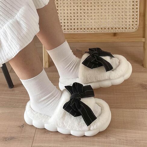 Bow Slippers, Womens Plush Fluffy Winter Warm Fur Lined slippers, Slip On House Slippers in Saudi Arabia