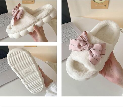 Bow Slippers, Womens Plush Fluffy Winter Warm Fur Lined slippers, Slip On House Slippers in Saudi Arabia