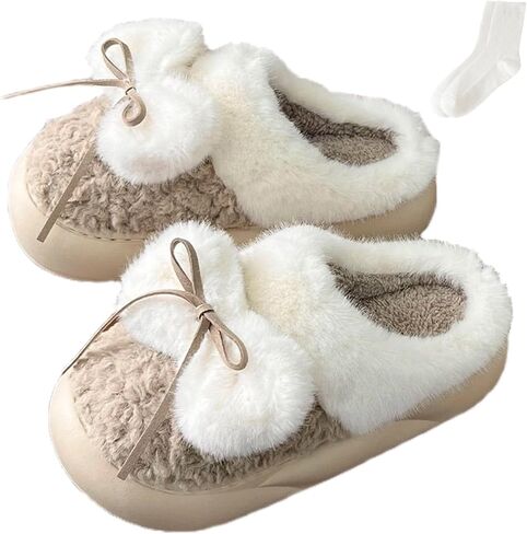 Bow Slippers, Womens Plush Fluffy Winter Warm Fur Lined slippers, Slip On House Slippers in Saudi Arabia