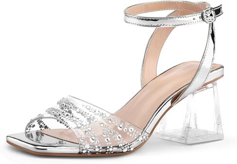 mysoft Women's Clear Block Heels Open Toe Ankle Strap Dress Sandals | 2.5" Chunky Low Heel,Square Toe,Sparkling Rhinestones,Adjustable Ankle Strap, Wedding,Party,Prom,Transparent,Dress Shoes in Saudi Arabia