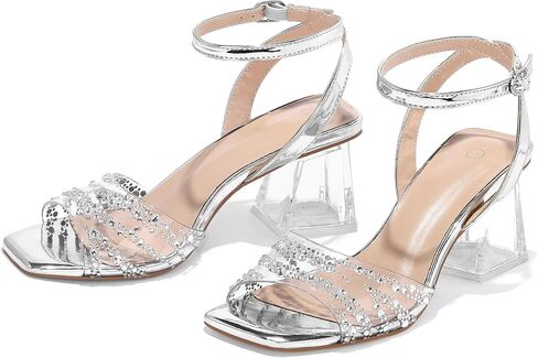 mysoft Women's Clear Block Heels Open Toe Ankle Strap Dress Sandals | 2.5" Chunky Low Heel,Square Toe,Sparkling Rhinestones,Adjustable Ankle Strap, Wedding,Party,Prom,Transparent,Dress Shoes in Saudi Arabia