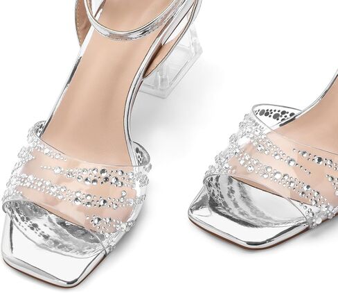 mysoft Women's Clear Block Heels Open Toe Ankle Strap Dress Sandals | 2.5" Chunky Low Heel,Square Toe,Sparkling Rhinestones,Adjustable Ankle Strap, Wedding,Party,Prom,Transparent,Dress Shoes in Saudi Arabia