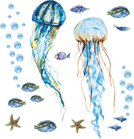 Creative Watercolor Jellyfish Wall Sticker Under The Sea Wall Decals Peel and Stick Removable Bubble Fish Starfish DIY Art Décor for Kids Girls Bedroom Living Room Bathroom Window Wall Decoration in Kuwait