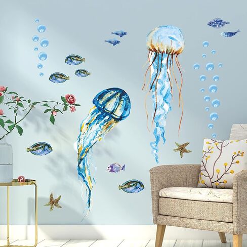 Creative Watercolor Jellyfish Wall Sticker Under The Sea Wall Decals Peel and Stick Removable Bubble Fish Starfish DIY Art Décor for Kids Girls Bedroom Living Room Bathroom Window Wall Decoration in Kuwait