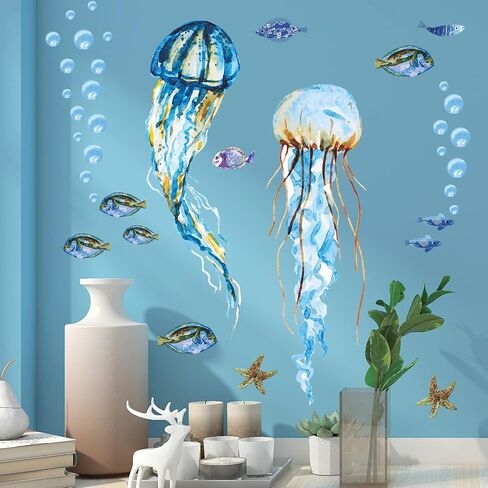 Creative Watercolor Jellyfish Wall Sticker Under The Sea Wall Decals Peel and Stick Removable Bubble Fish Starfish DIY Art Décor for Kids Girls Bedroom Living Room Bathroom Window Wall Decoration in Kuwait