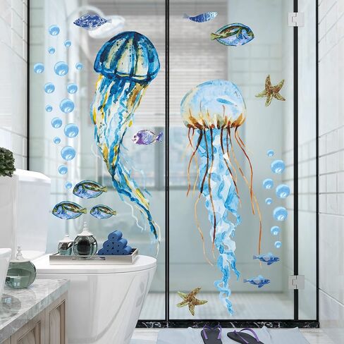Creative Watercolor Jellyfish Wall Sticker Under The Sea Wall Decals Peel and Stick Removable Bubble Fish Starfish DIY Art Décor for Kids Girls Bedroom Living Room Bathroom Window Wall Decoration in Kuwait