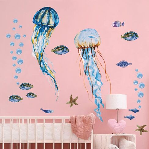 Creative Watercolor Jellyfish Wall Sticker Under The Sea Wall Decals Peel and Stick Removable Bubble Fish Starfish DIY Art Décor for Kids Girls Bedroom Living Room Bathroom Window Wall Decoration in Kuwait