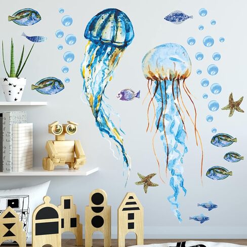 Creative Watercolor Jellyfish Wall Sticker Under The Sea Wall Decals Peel and Stick Removable Bubble Fish Starfish DIY Art Décor for Kids Girls Bedroom Living Room Bathroom Window Wall Decoration in Kuwait