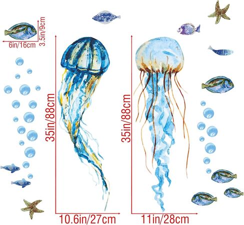 Creative Watercolor Jellyfish Wall Sticker Under The Sea Wall Decals Peel and Stick Removable Bubble Fish Starfish DIY Art Décor for Kids Girls Bedroom Living Room Bathroom Window Wall Decoration in Kuwait