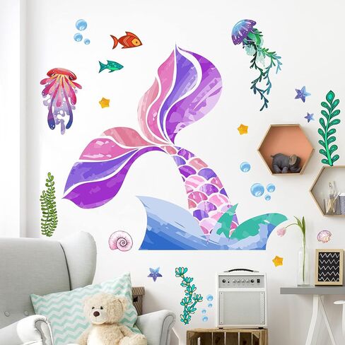 Creative Watercolor Jellyfish Wall Sticker Under The Sea Wall Decals Peel and Stick Removable Bubble Fish Starfish DIY Art Décor for Kids Girls Bedroom Living Room Bathroom Window Wall Decoration in Kuwait