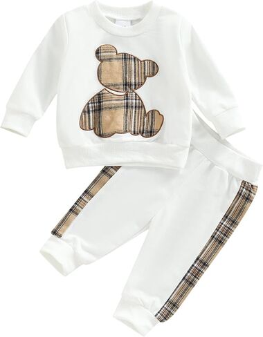 Infant Todder Unisex Baby Autumn Clothes Outfits Long Sleeve Plaid Bear Pattern Pullover Sweatshirt Tops Pants Set in Kuwait