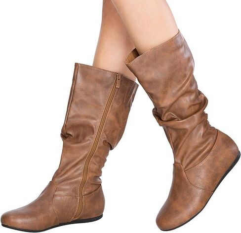 Forever Womens Round Toe Slouch Vegan Comfy Flat Mid Calf Tall Boots in Saudi Arabia