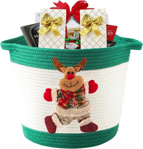 Christmas Gifts Basket Empty with Reindeer Doll, Christmas Toy Baskets for Baby Towels, Diapers, Woven Cotton Rope Christmas Storage Basket for Gifts Empty, Red in Saudi Arabia