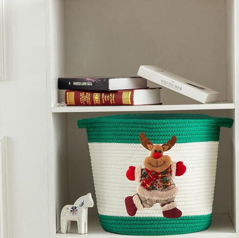 Christmas Gifts Basket Empty with Reindeer Doll, Christmas Toy Baskets for Baby Towels, Diapers, Woven Cotton Rope Christmas Storage Basket for Gifts Empty, Red in Saudi Arabia