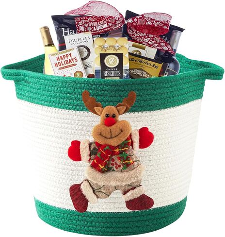 Christmas Gifts Basket Empty with Reindeer Doll, Christmas Toy Baskets for Baby Towels, Diapers, Woven Cotton Rope Christmas Storage Basket for Gifts Empty, Red in Saudi Arabia