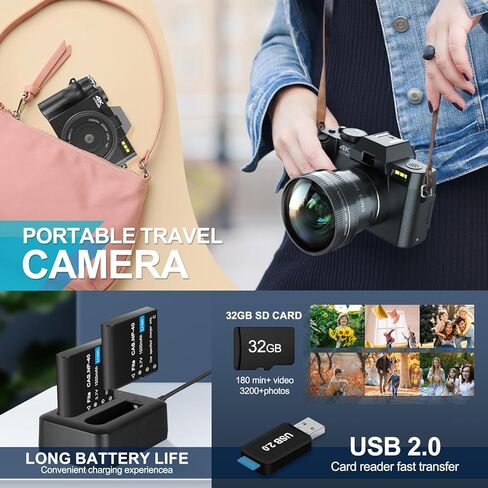 كاميرات رقمية بدقة 48 ميجابكسل للتصوير الفوتوغرافي مع WiFi والتحكم في التطبيقات، وكاميرا تسجيل فيديو بتركيز تلقائي 4K لليوتيوب مع تكبير 16X، ومضادة للاهتزاز، وبطاقة TF سعة 32 جيجابايت، وبطاريات مزدوجة، وزاوية واسعة 52 مم وعدسة ماكرو (S100 أسود) in Kuwait