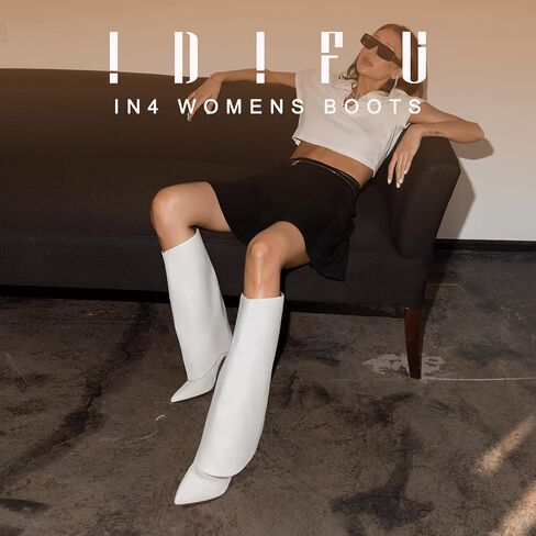 IDIFU IN4 Fold Over Boots for Women Knee High Glitter Pointed Toe Shark Boots Zipper Covered Stiletto High Heel Dress Tall Booties Comfortable Cute Fashion Trendy Dressy Sexy Sparkly Pull On Boots in Saudi Arabia