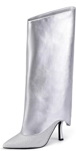 IDIFU IN4 Fold Over Boots for Women Knee High Glitter Pointed Toe Shark Boots Zipper Covered Stiletto High Heel Dress Tall Booties Comfortable Cute Fashion Trendy Dressy Sexy Sparkly Pull On Boots in Saudi Arabia