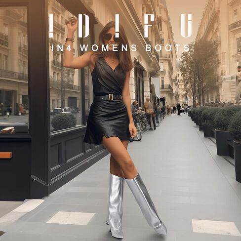 IDIFU IN4 Fold Over Boots for Women Knee High Glitter Pointed Toe Shark Boots Zipper Covered Stiletto High Heel Dress Tall Booties Comfortable Cute Fashion Trendy Dressy Sexy Sparkly Pull On Boots in Saudi Arabia