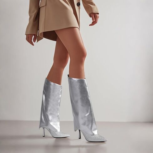 IDIFU IN4 Fold Over Boots for Women Knee High Glitter Pointed Toe Shark Boots Zipper Covered Stiletto High Heel Dress Tall Booties Comfortable Cute Fashion Trendy Dressy Sexy Sparkly Pull On Boots in Saudi Arabia