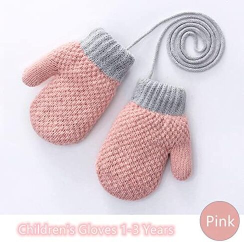 Toddler Winter Mittens Warm Kids Knit Gloves Boys Girls Fleece Lined Mittens String Plush Ski Snow Gloves Mittens 1-3 Years in Kuwait