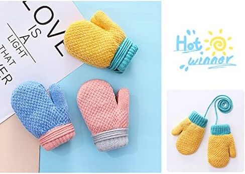 Toddler Winter Mittens Warm Kids Knit Gloves Boys Girls Fleece Lined Mittens String Plush Ski Snow Gloves Mittens 1-3 Years in Kuwait
