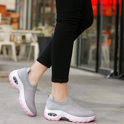 Women's Knit Mesh Orthopedic Platform Sneakers with Air Cushion Arch Support Lightweight Breathable Non Slip Walking Shoes for Workout Jogging Work Loafers in Saudi Arabia
