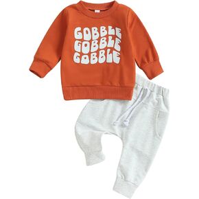 Toddler Baby Thanksgiving Outfit Boy Girl Gobble Letter Print Pullover Sweatshirt Solid Color Pants Fall Clothes (Orange, 0-6 Months)