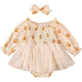 Baby Girl Halloween Outfit Newborn Pumpkin Romper Dress Puff Sleeve Ruffle Bodysuit Jumpsuit Fall Clothes