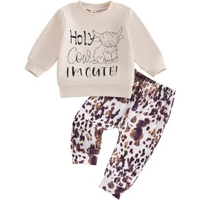 Western Baby Girl Boy Fall Clothes Holy Cow I'm Cute Sweatshirt Cow Print Pants Set 2Pcs Cowboy Cowgirl Outfit