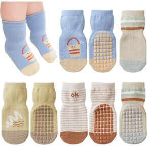 4 Pairs Non Slip Socks for Toddler Breathable Cotton Socks for Baby Boys Girls Anti Skid Cute Sock Grip Socks for Kid, 3-5 Years